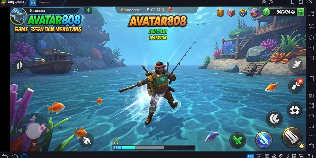 Tampilan gameplay AVATAR808 yang penuh warna dan menarik saat memancing.