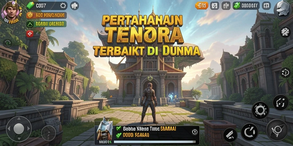 Screenshot gameplay C0077 menampilkan pertempuran menara yang intens.
