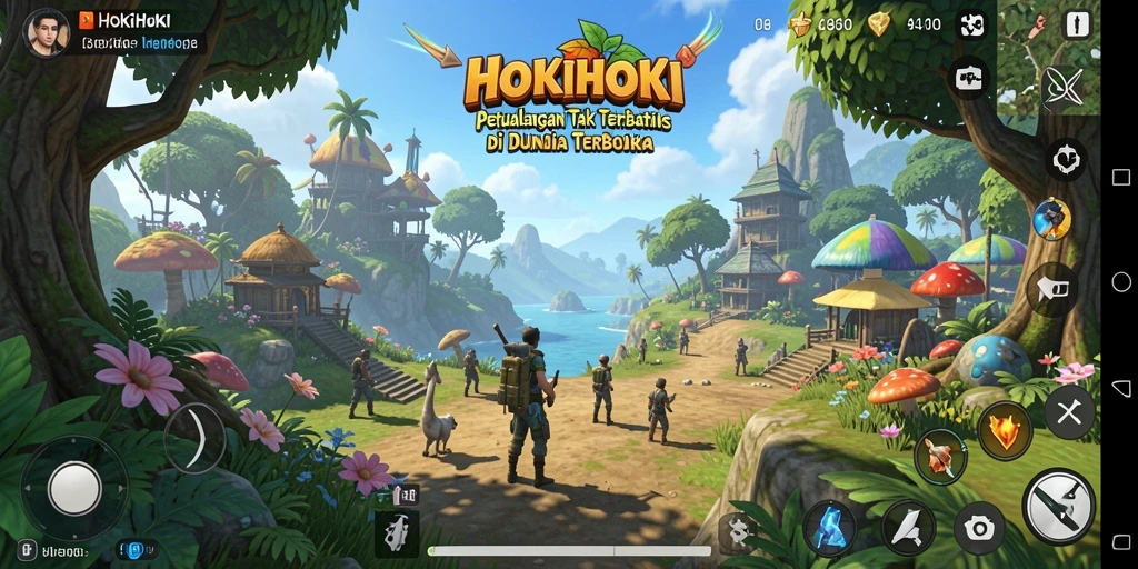 Screenshot gameplay HOKIHOKI dengan pemandangan indah dan karakter menjelajah.