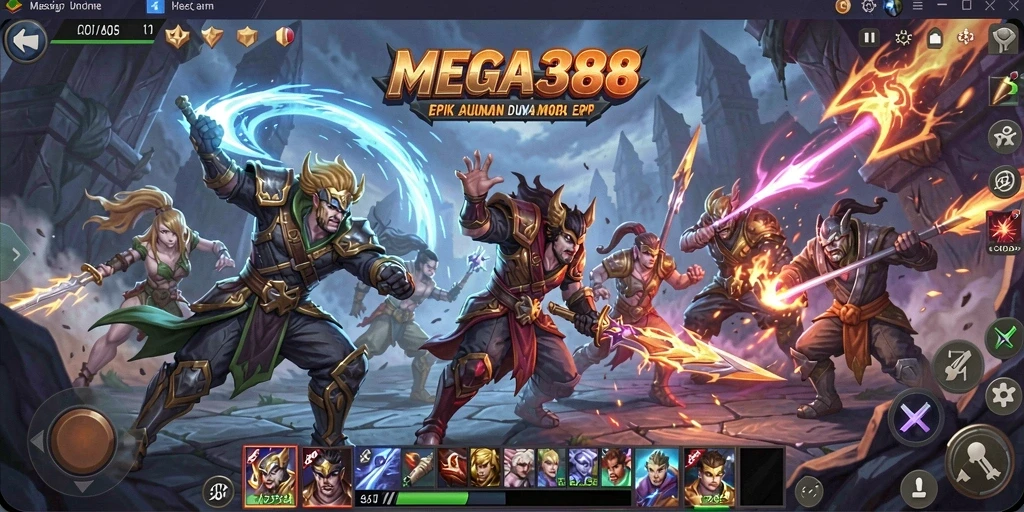 Tampilan gameplay seru dari MEGA388, pertarungan tim yang mendebarkan.