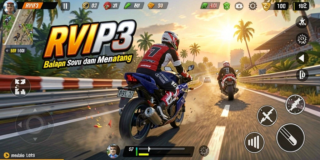 Tampilan gameplay balapan motor yang mendebarkan di RVIP3.